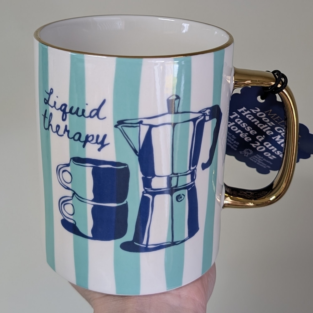 LIQUID THERAPY Striped Coffee Theme Mug with Gold Rim & Handle By Medici